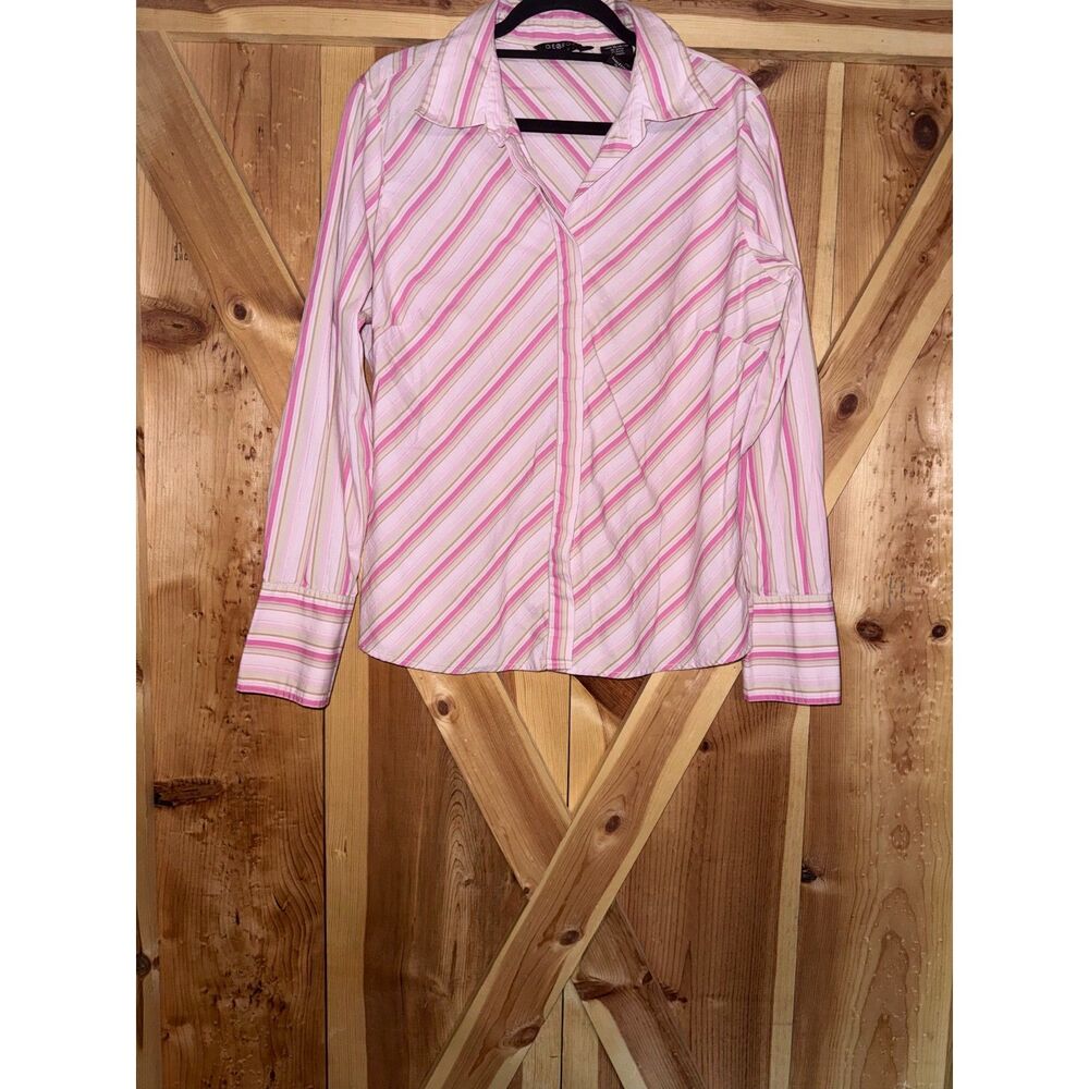 Vintage 90s/Y2K Womens Size XL 16 18 Pink Striped Gold Shimmer Blouse Workwear